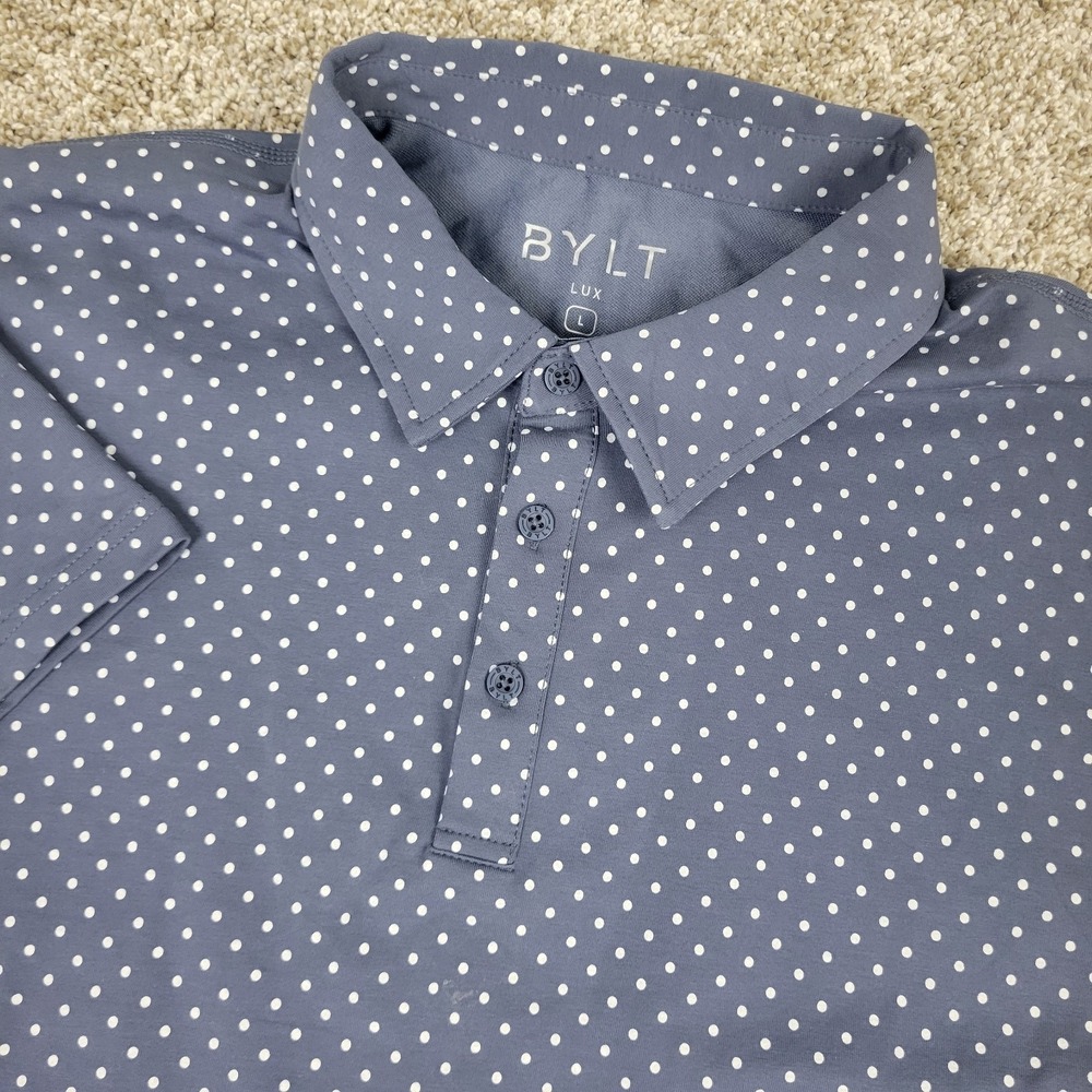 BYLT Lux Mens Large Gray AOP Polka Dot Performance Stretch Polo Short Sleeve